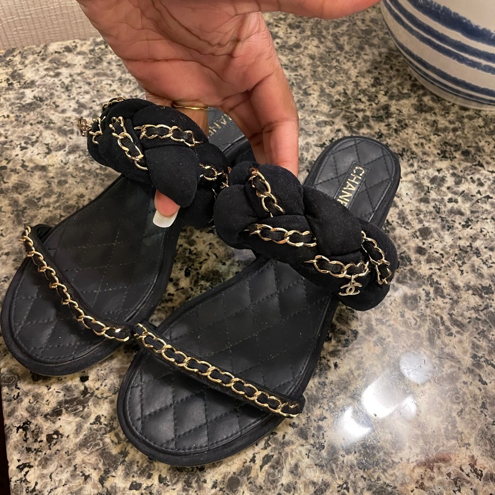 Authentic Chanel suede quilted slides